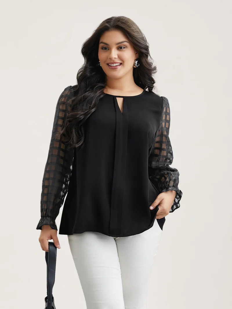 Sheer Textured Sleeve Neck Cut-Out Shirt
