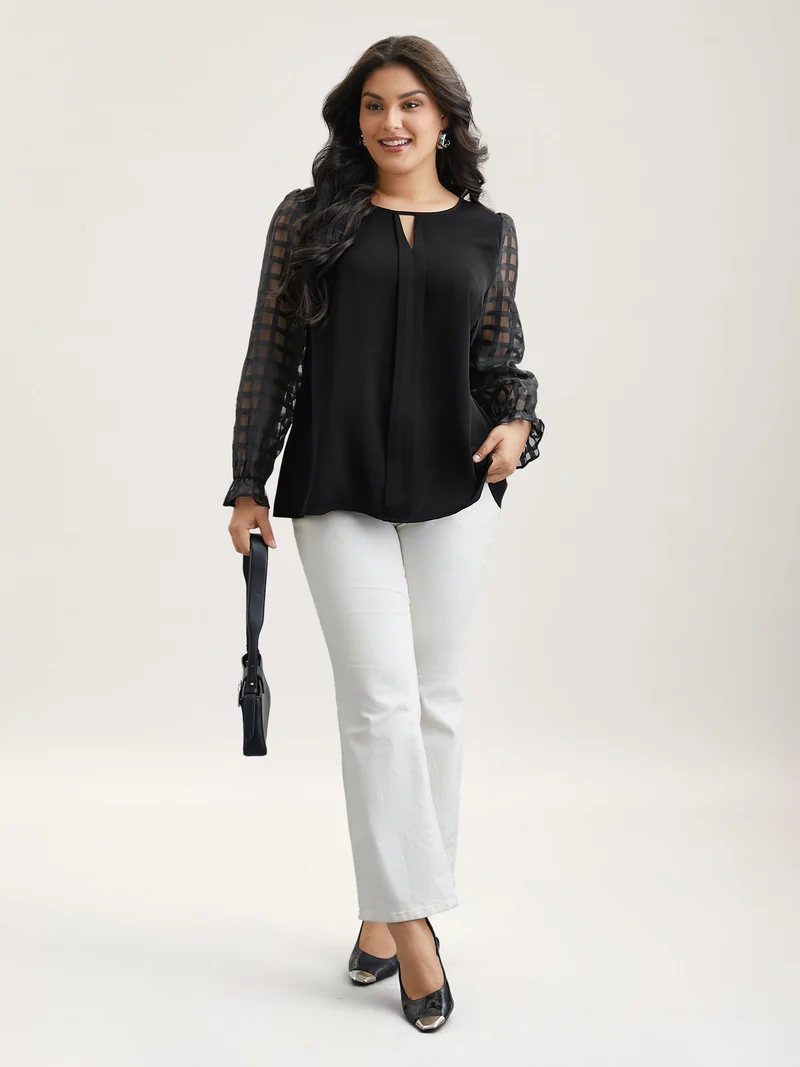 Sheer Textured Sleeve Neck Cut-Out Shirt