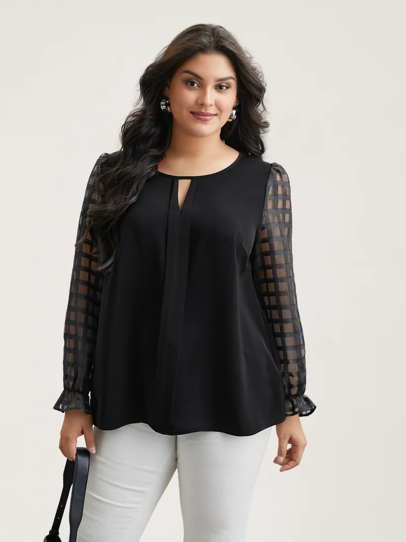 Sheer Textured Sleeve Neck Cut-Out Shirt