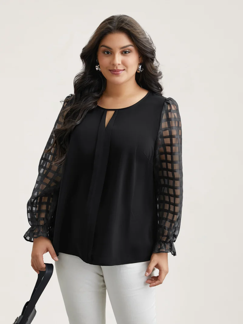 Sheer Textured Sleeve Neck Cut-Out Shirt