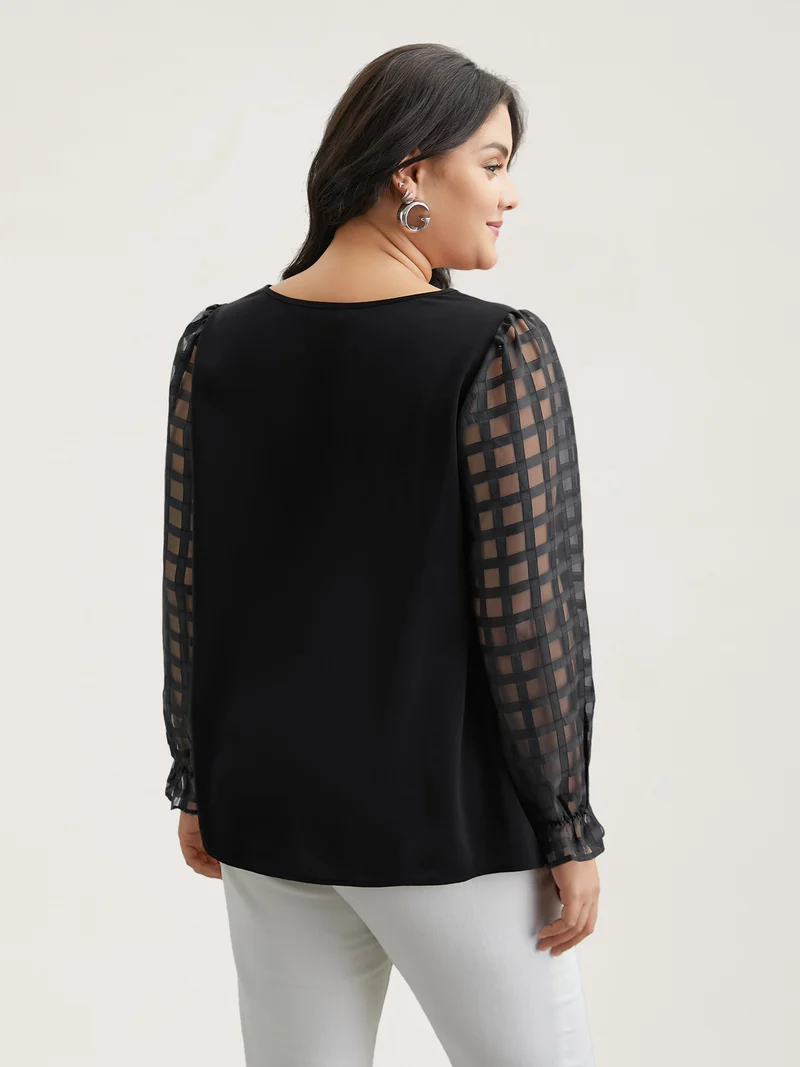 Sheer Textured Sleeve Neck Cut-Out Shirt