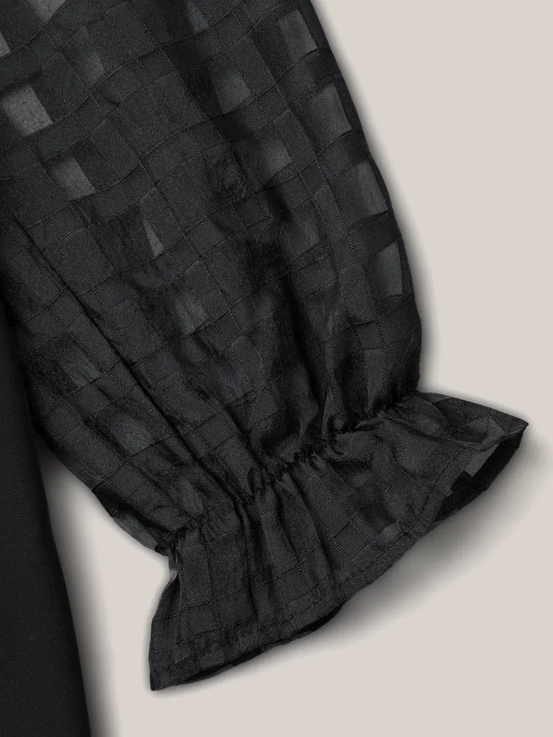 Sheer Textured Sleeve Neck Cut-Out Shirt