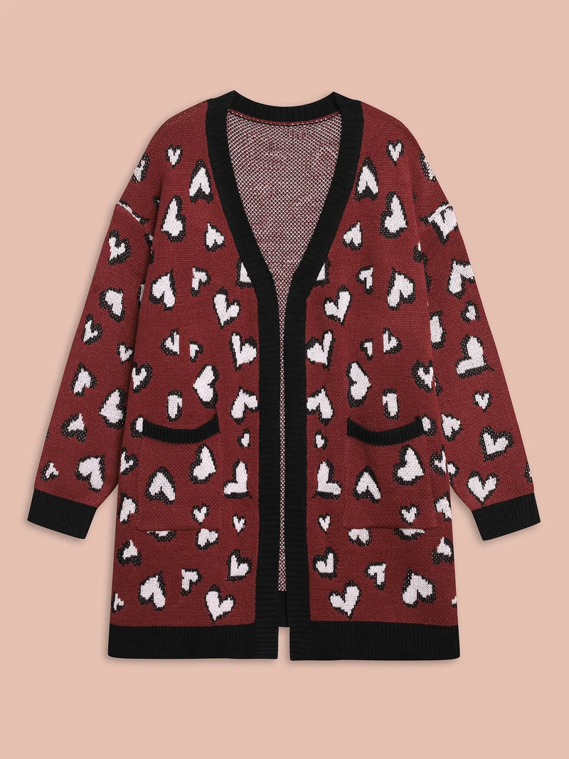 Hearts All Over Open Front Contrast Cardigan