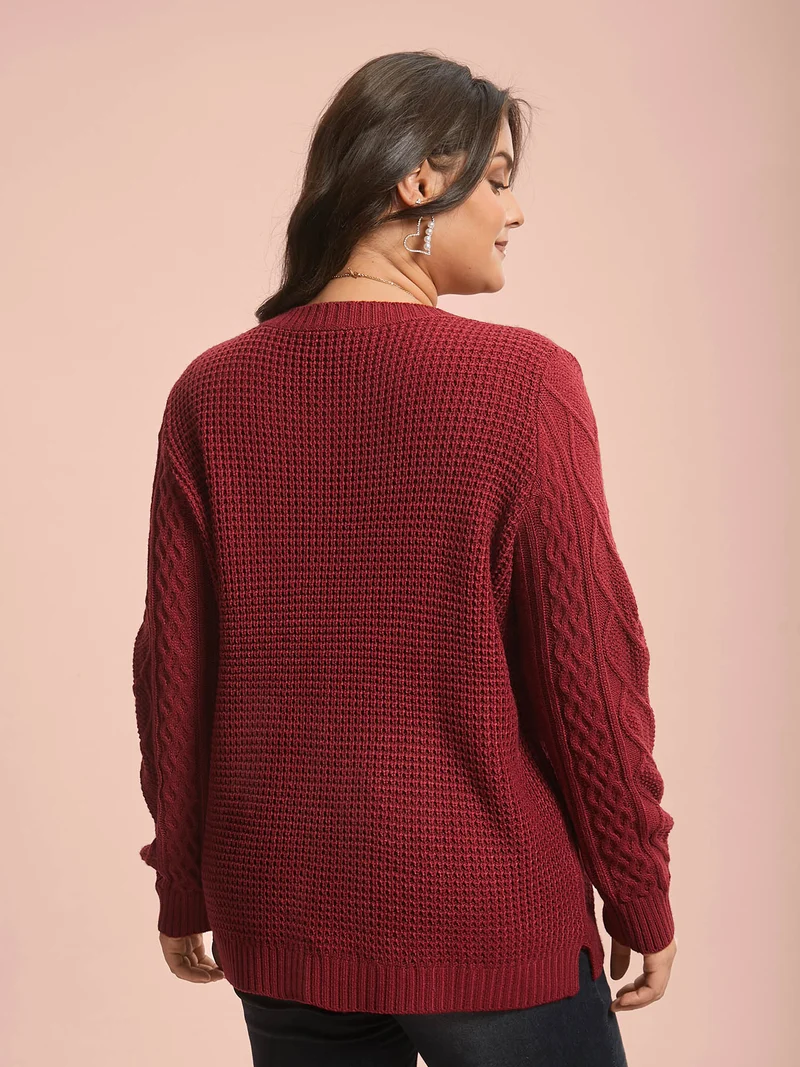Crew Neck Split Hem Textured Pullover