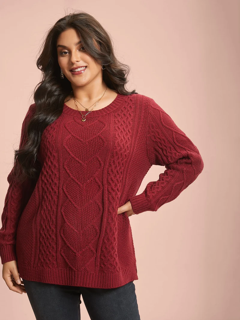 Crew Neck Split Hem Textured Pullover