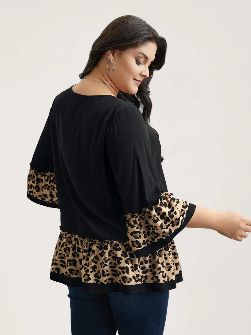 Leopard Print Patchwork Tiered Blouse