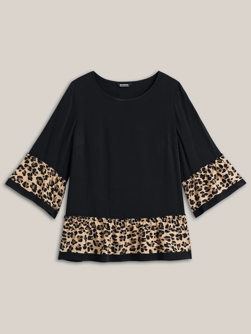 Leopard Print Patchwork Tiered Blouse