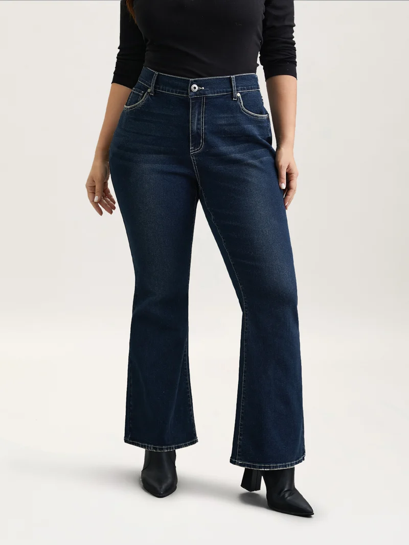 Whiskered Stretchy Waist Bootcut Jeans