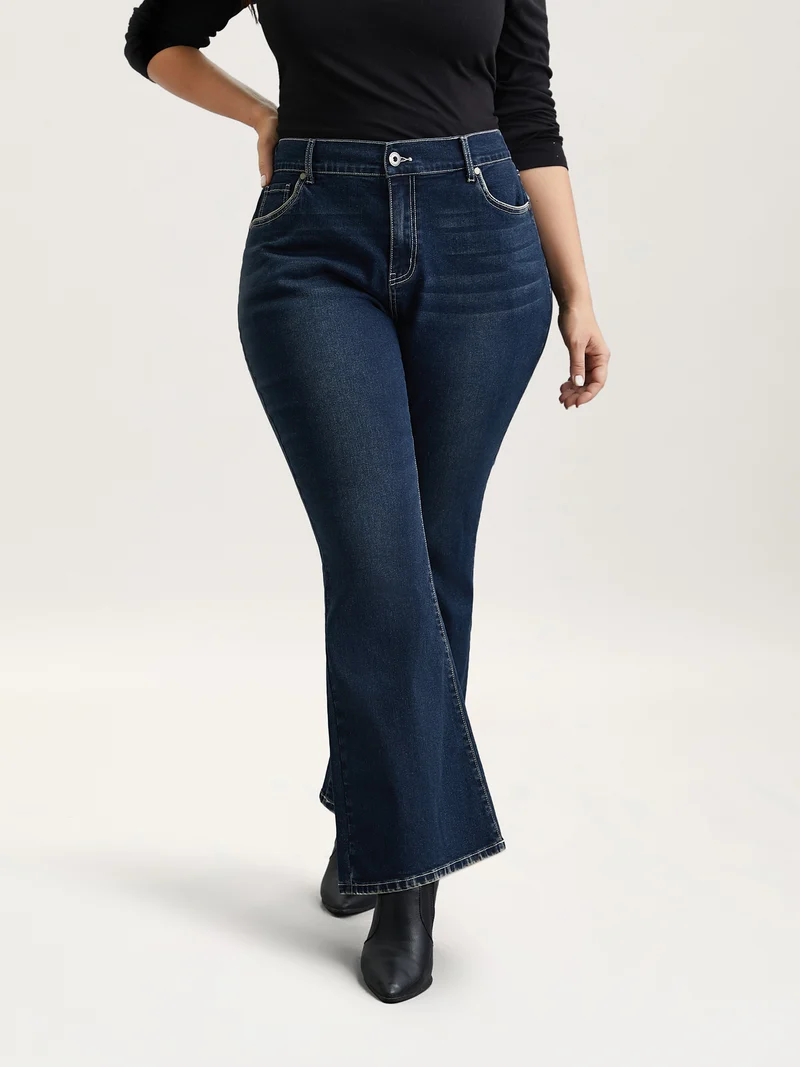 Whiskered Stretchy Waist Bootcut Jeans