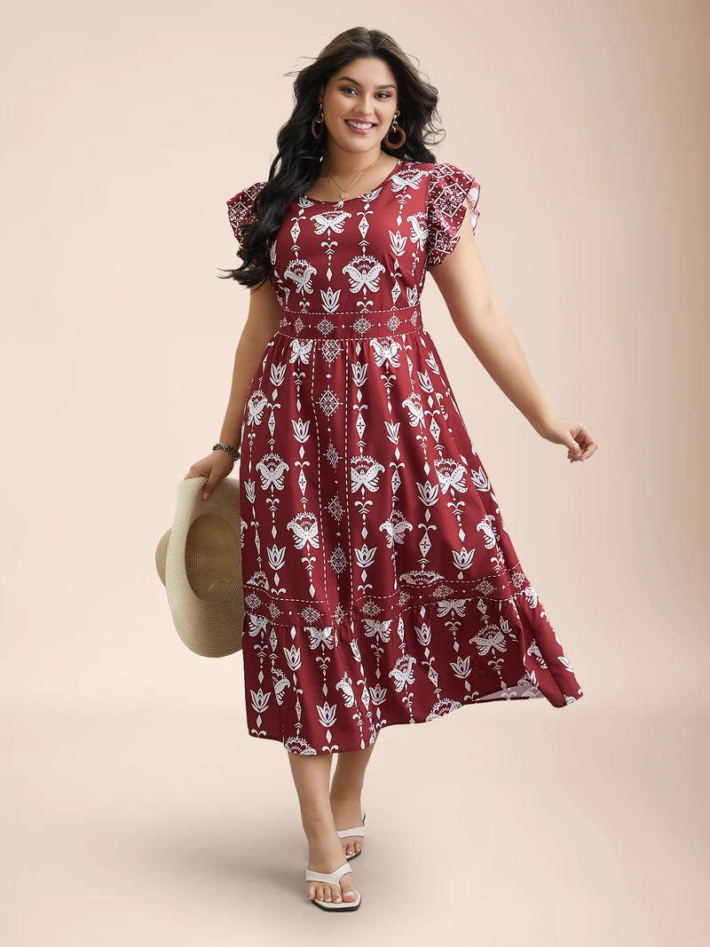 Boho Print Stretchy-Waist Ruffled Midi Dress