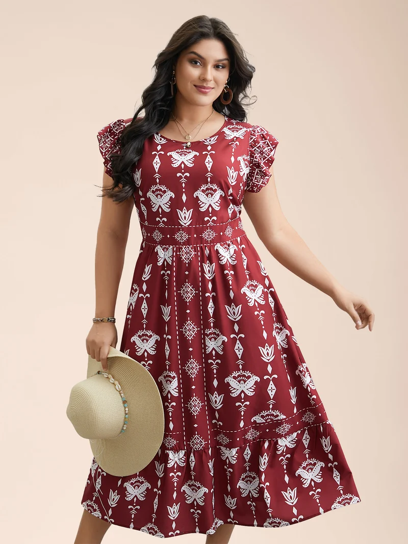 Boho Print Stretchy-Waist Ruffled Midi Dress