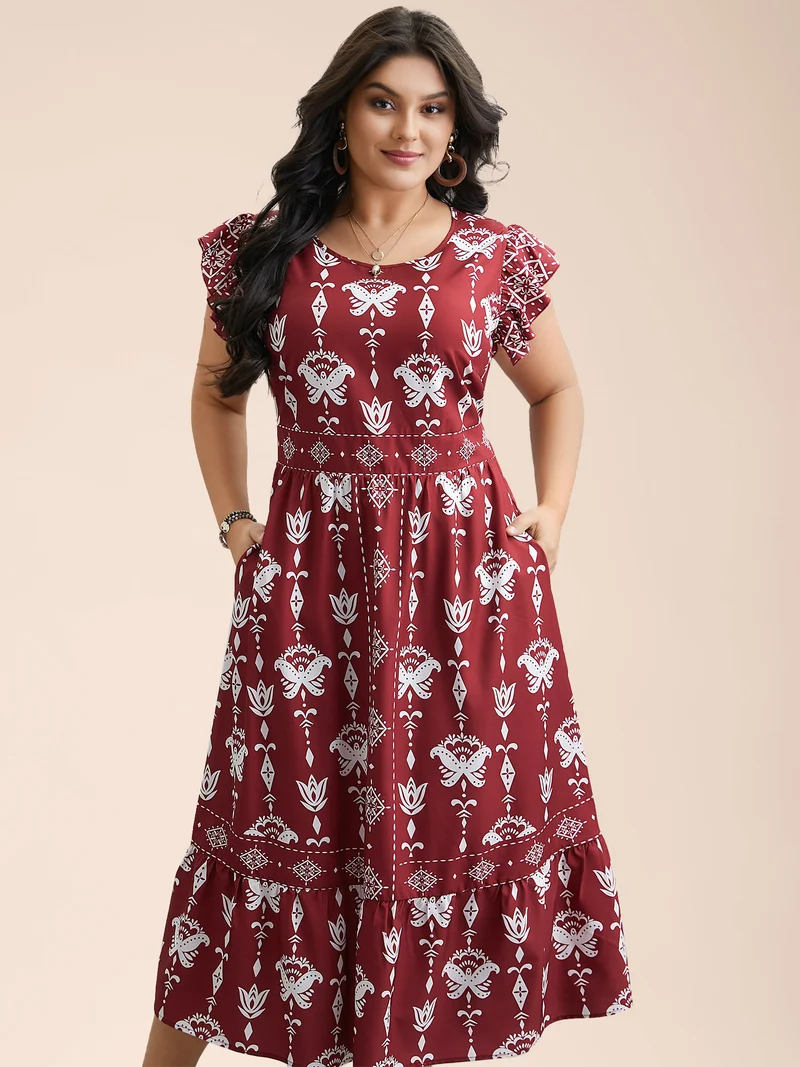 Boho Print Stretchy-Waist Ruffled Midi Dress