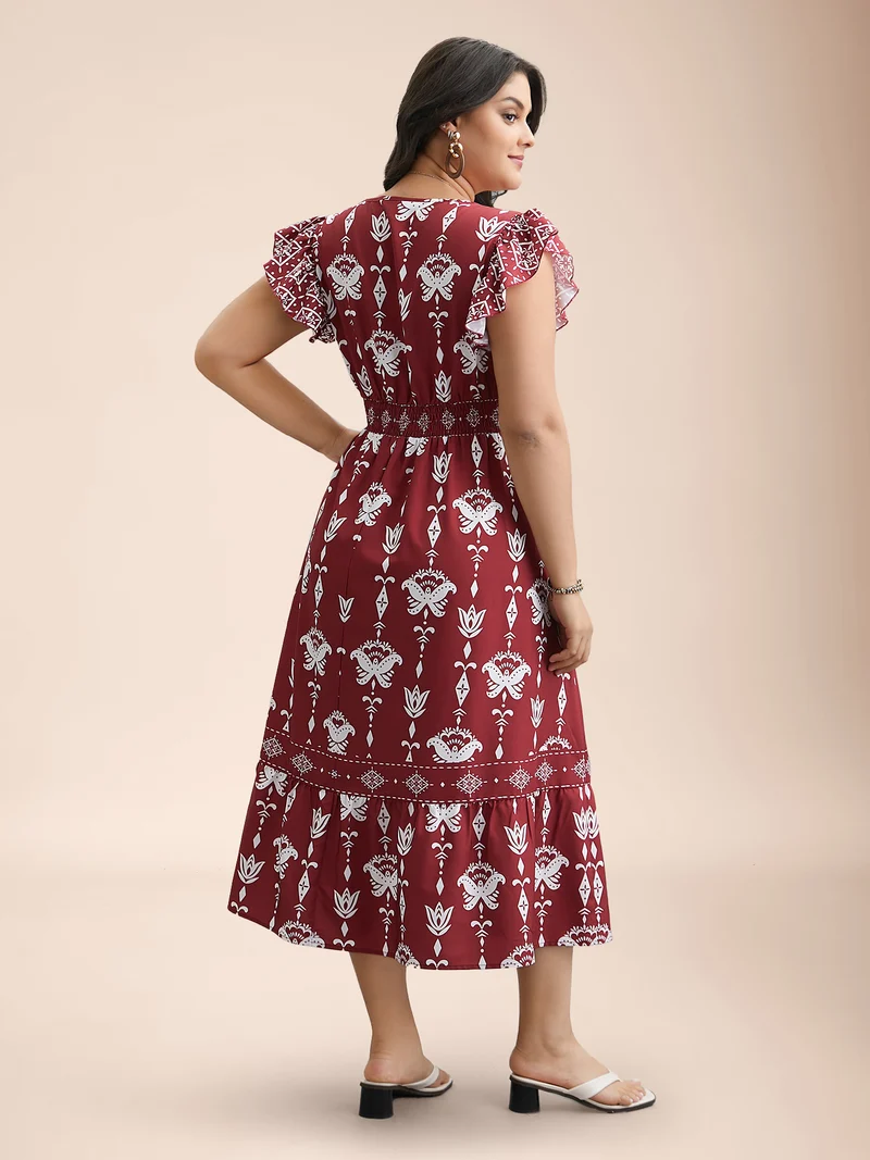 Boho Print Stretchy-Waist Ruffled Midi Dress