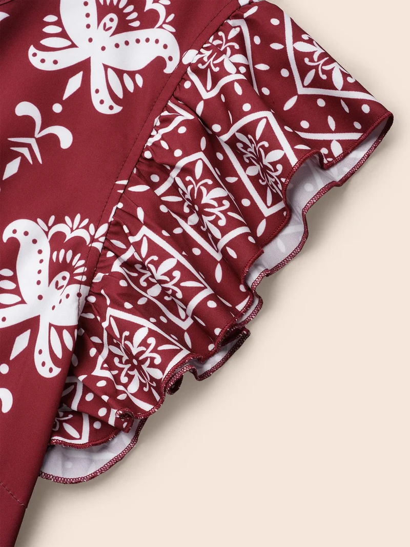 Boho Print Stretchy-Waist Ruffled Midi Dress