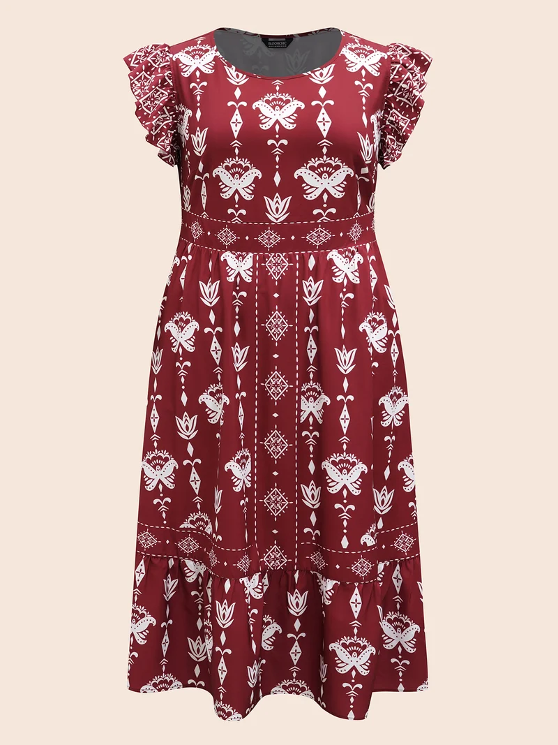 Boho Print Stretchy-Waist Ruffled Midi Dress