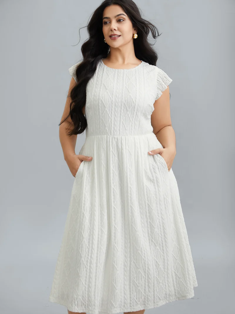 Flutter Sleeve Textured Pockets Midi Dress