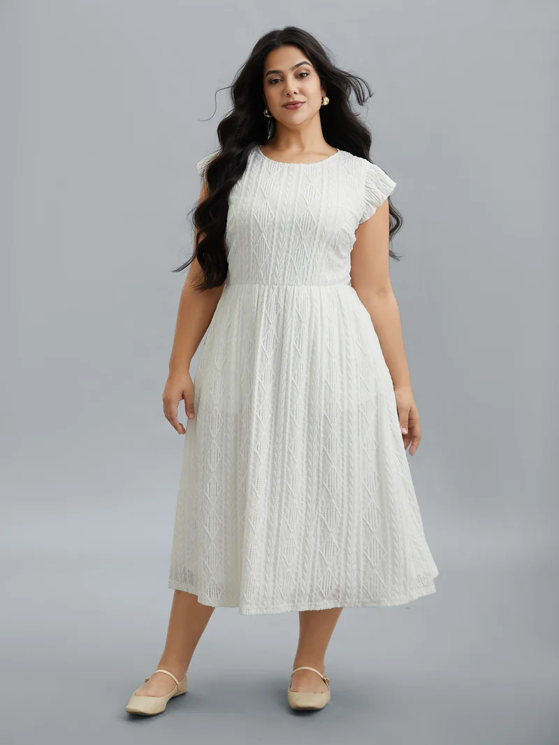 Flutter Sleeve Textured Pockets Midi Dress