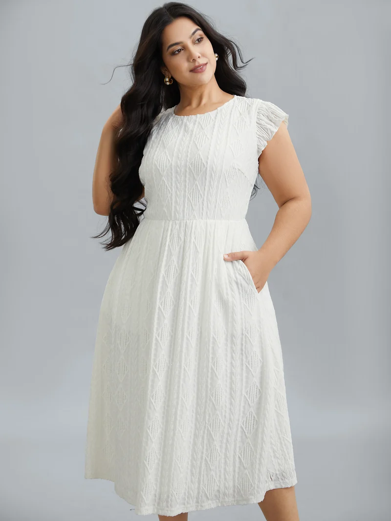 Flutter Sleeve Textured Pockets Midi Dress