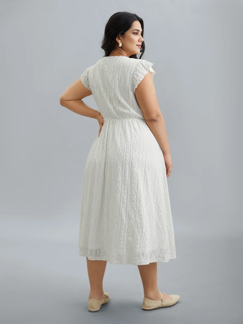 Flutter Sleeve Textured Pockets Midi Dress