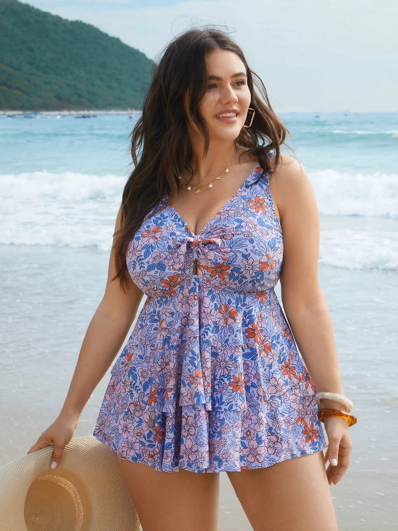 Floral Print Tiered Ties Adjustable Swim Top