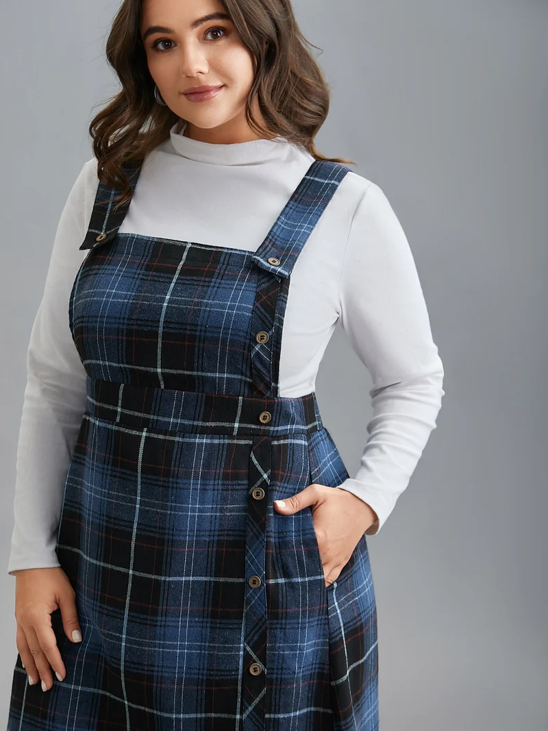 Plaid Pattern Overall Buttons Slit Midi Dress