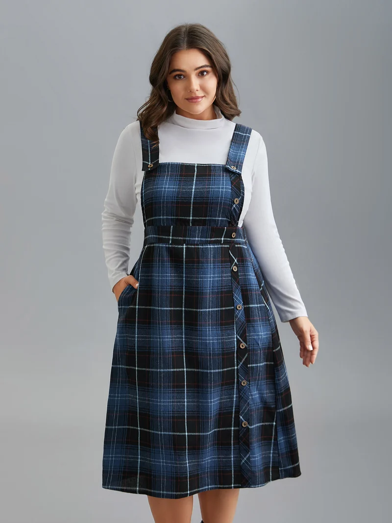 Plaid Pattern Overall Buttons Slit Midi Dress