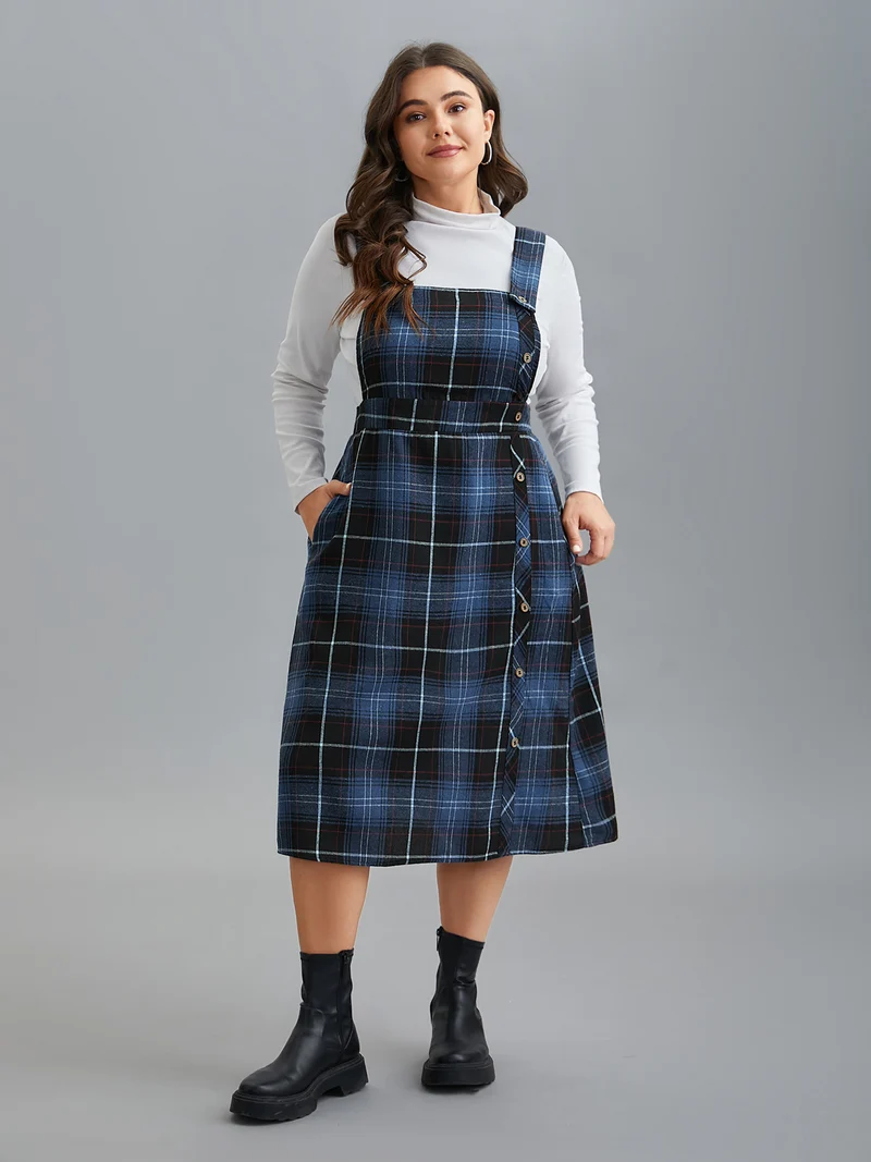 Plaid Pattern Overall Buttons Slit Midi Dress