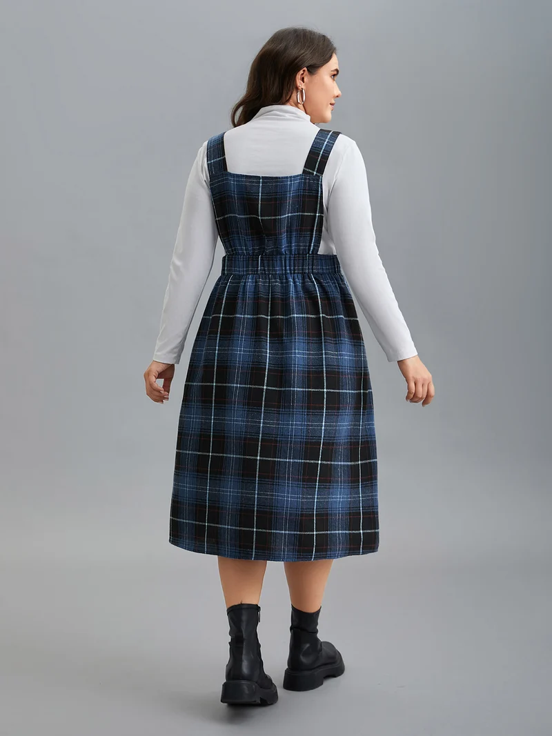 Plaid Pattern Overall Buttons Slit Midi Dress