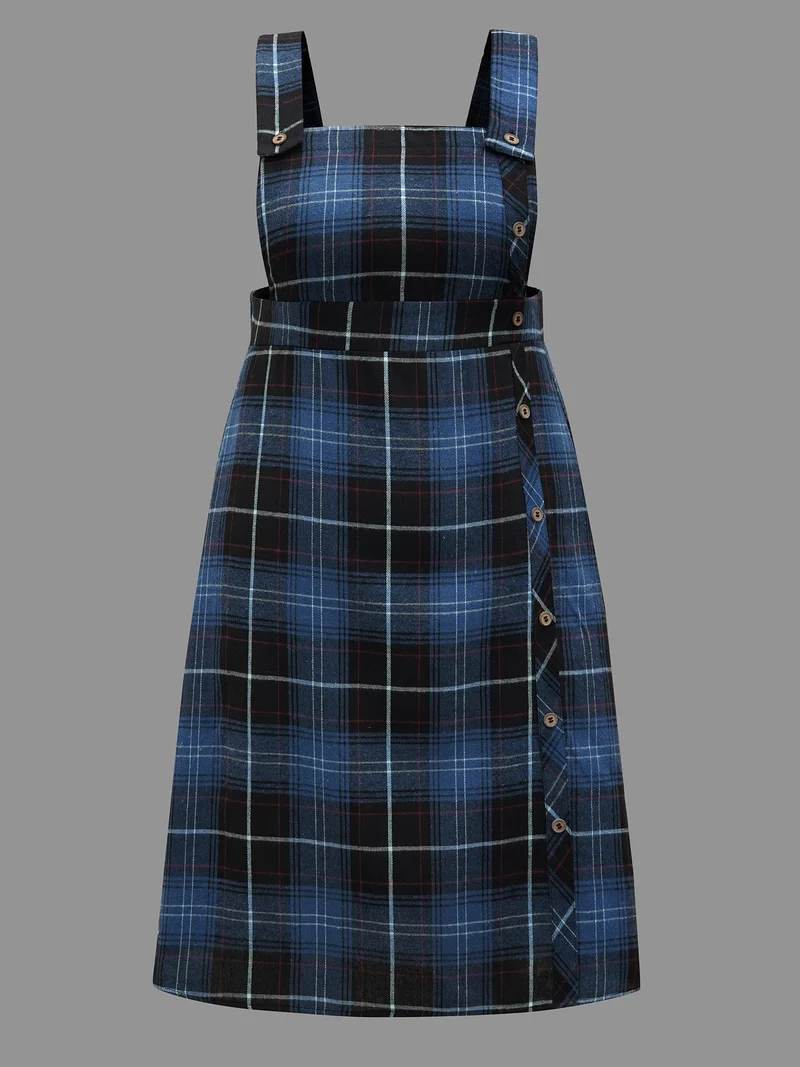 Plaid Pattern Overall Buttons Slit Midi Dress