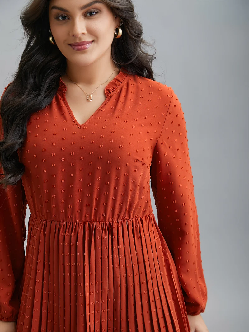 Notched Collar Textured Pleated Midi Dress