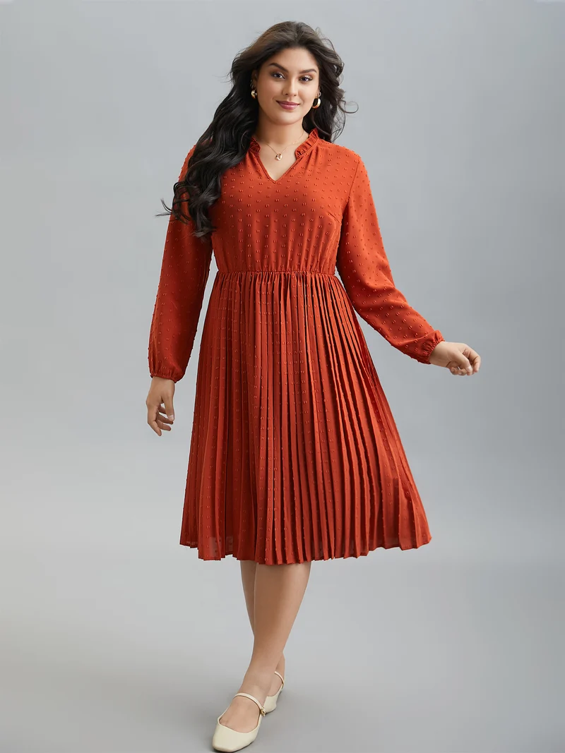 Notched Collar Textured Pleated Midi Dress
