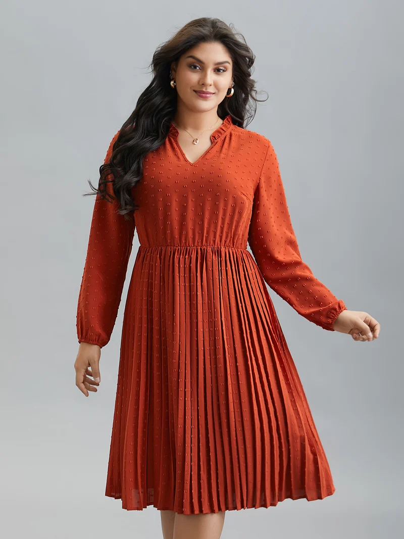 Notched Collar Textured Pleated Midi Dress