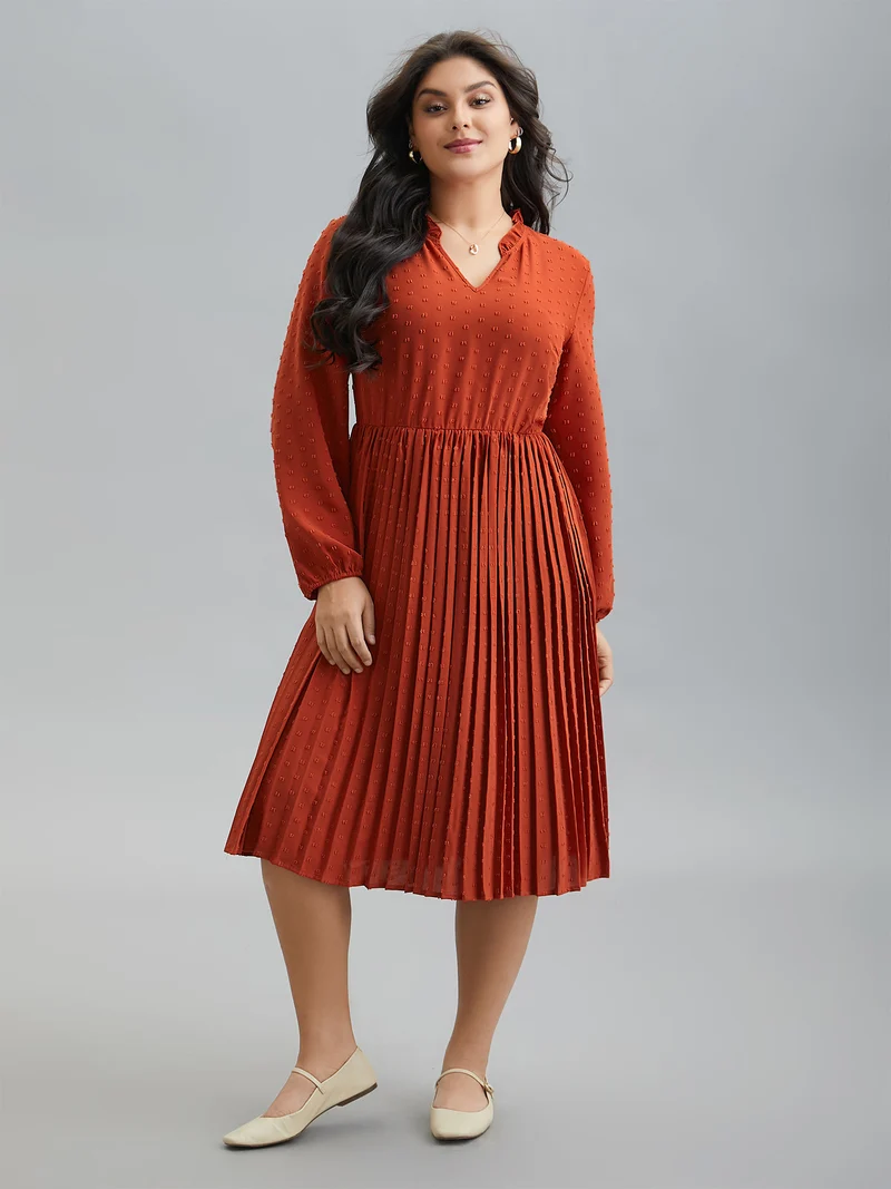 Notched Collar Textured Pleated Midi Dress