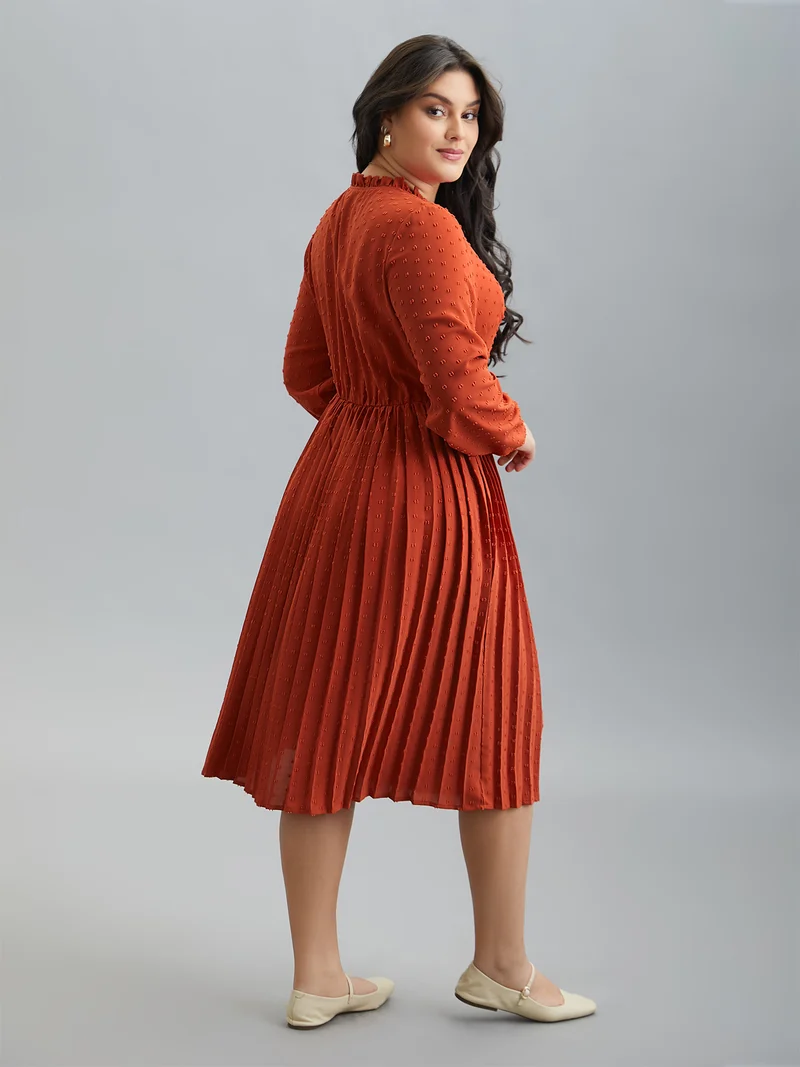 Notched Collar Textured Pleated Midi Dress