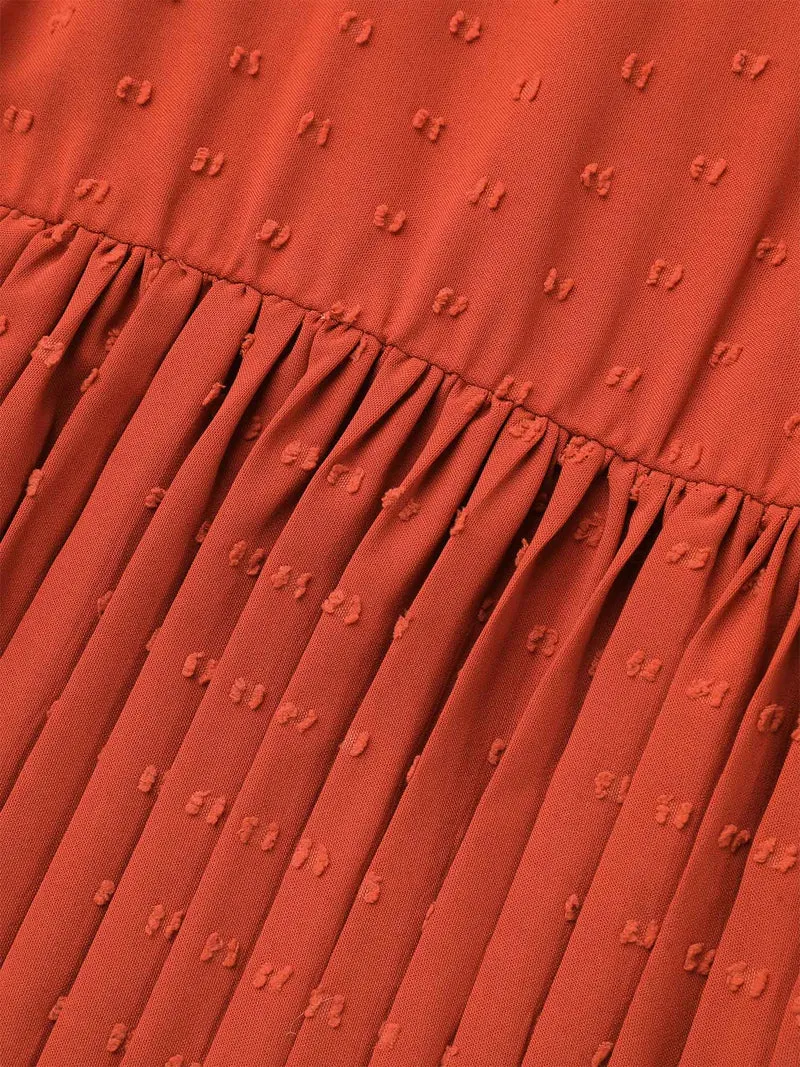 Notched Collar Textured Pleated Midi Dress