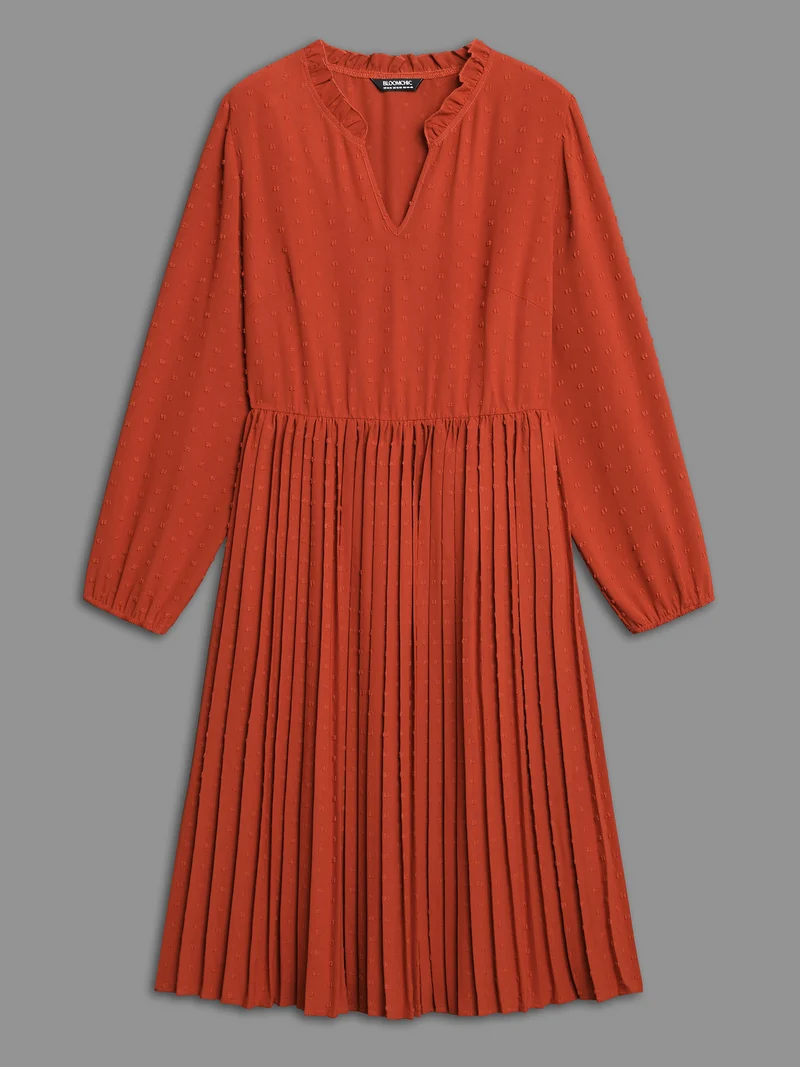 Notched Collar Textured Pleated Midi Dress