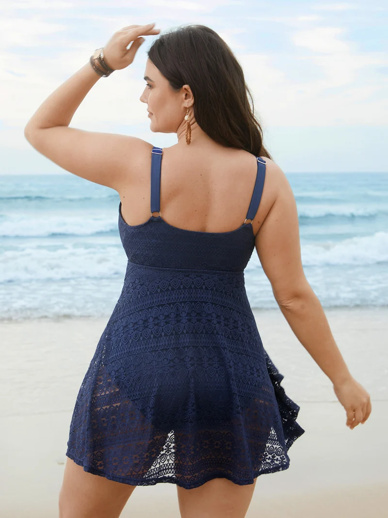 Lace Wrap-Neck Adjustable Straps Swim Dress