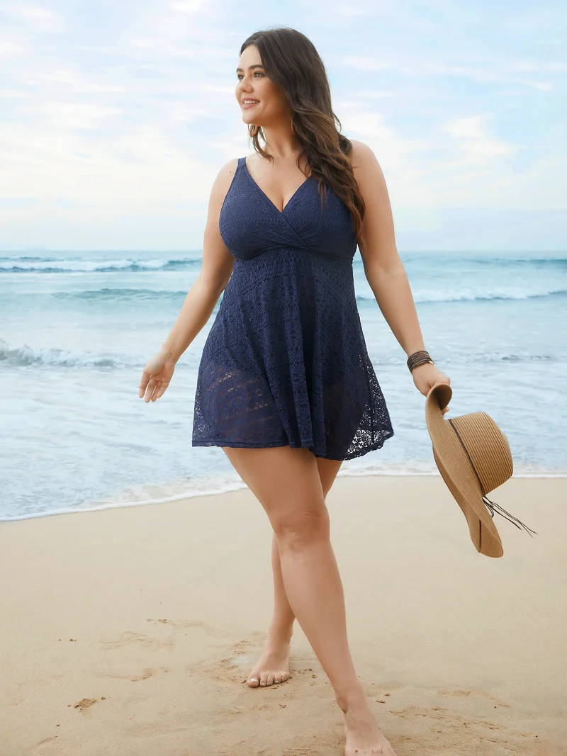 Lace Wrap-Neck Adjustable Straps Swim Dress