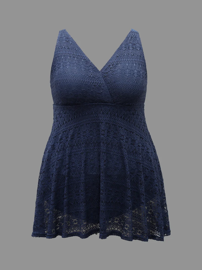 Lace Wrap-Neck Adjustable Straps Swim Dress