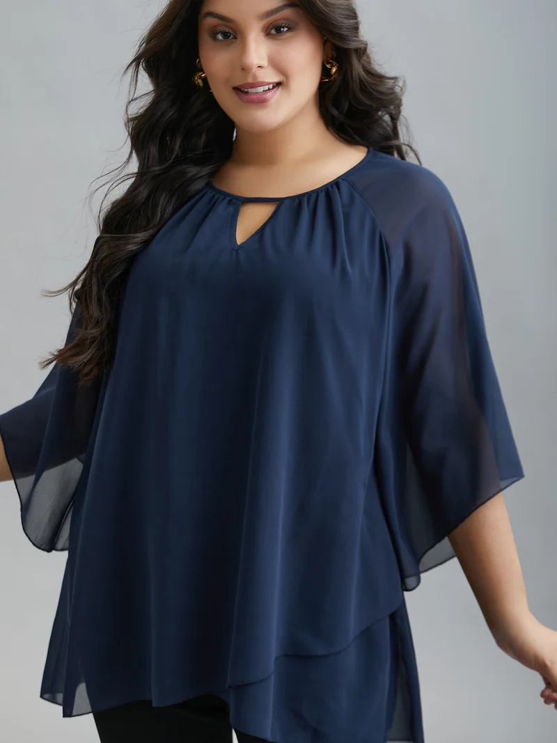 Ruched Neckline Lotus Leaf Sleeve Blouse