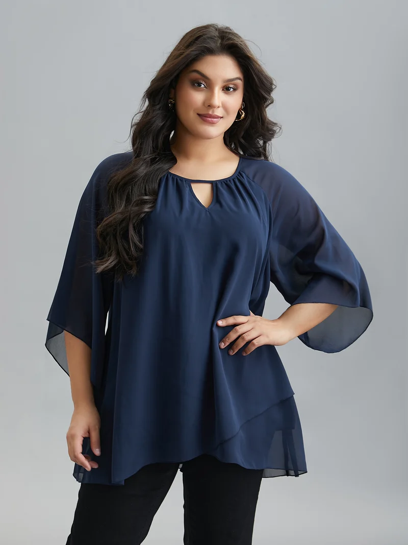Ruched Neckline Lotus Leaf Sleeve Blouse