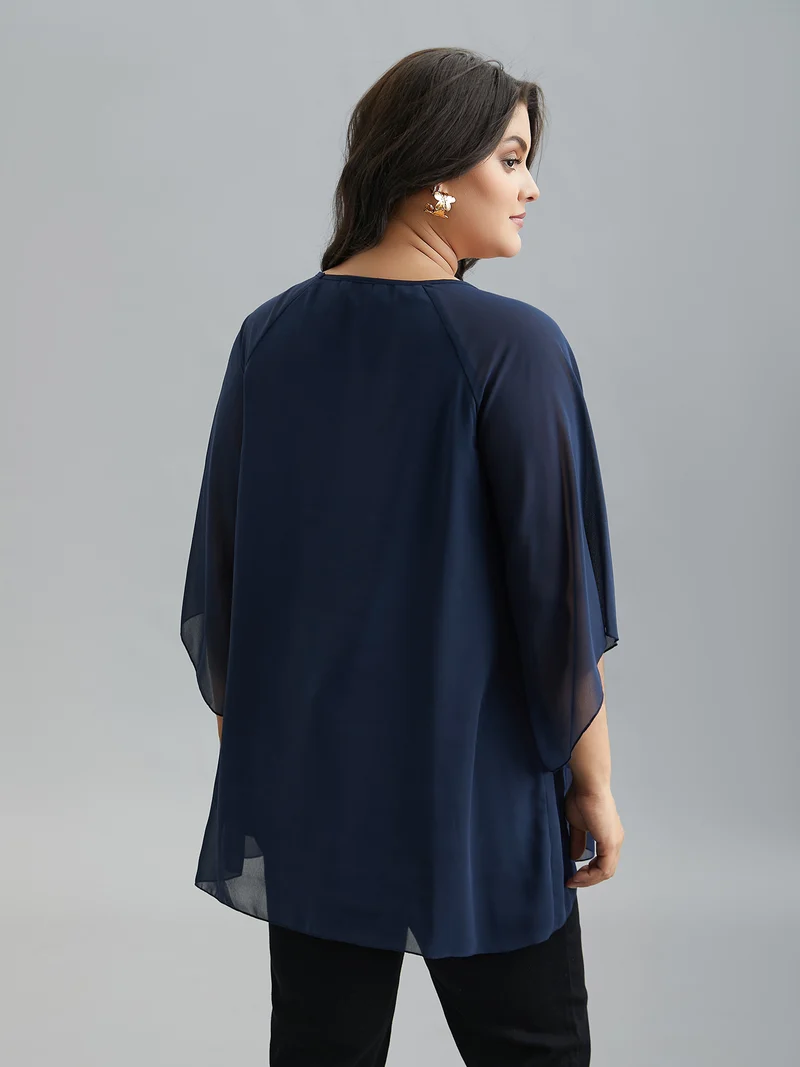 Ruched Neckline Lotus Leaf Sleeve Blouse