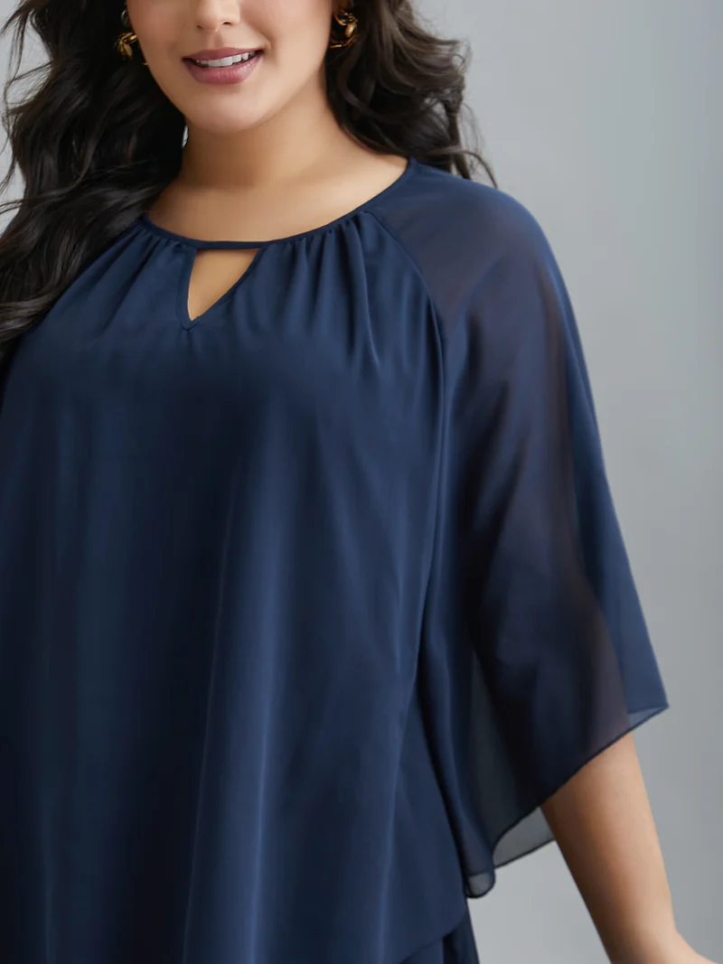 Ruched Neckline Lotus Leaf Sleeve Blouse