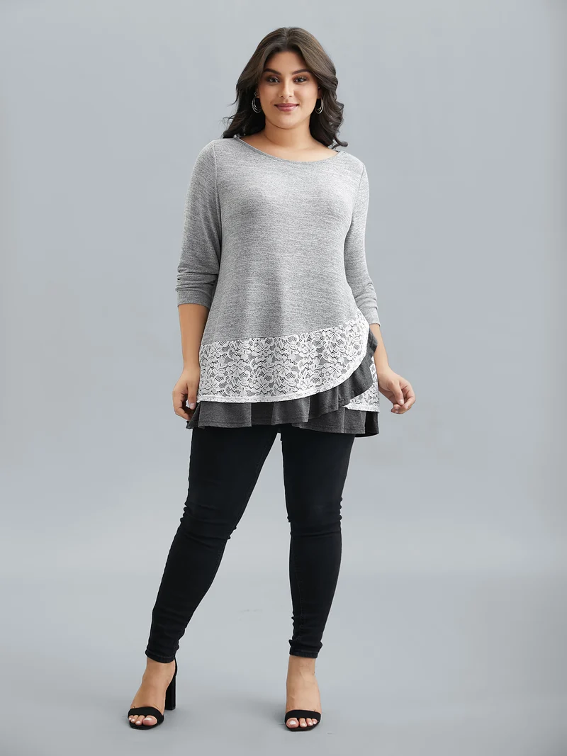 Lace Overlap Hem Round Neck T-Shirt