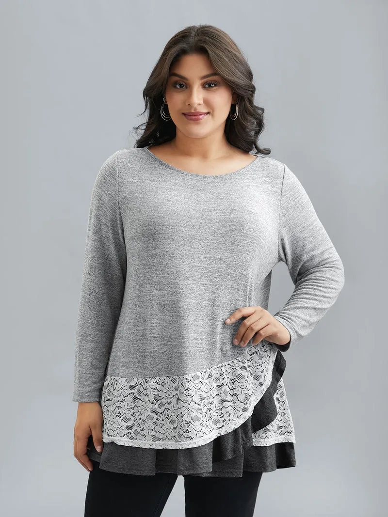 Lace Overlap Hem Round Neck T-Shirt