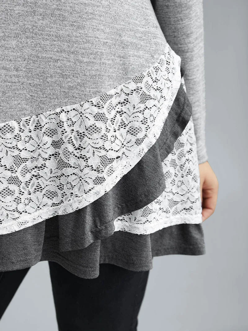 Lace Overlap Hem Round Neck T-Shirt