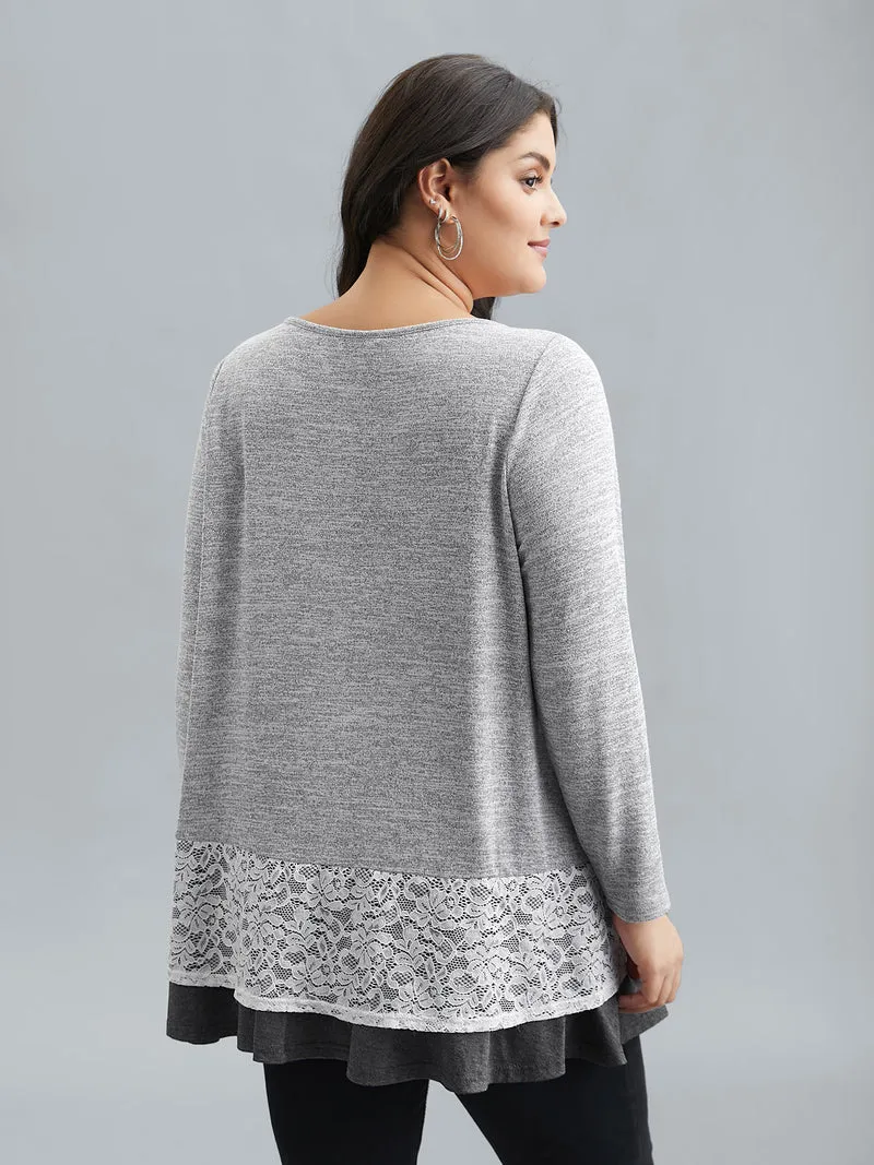 Lace Overlap Hem Round Neck T-Shirt