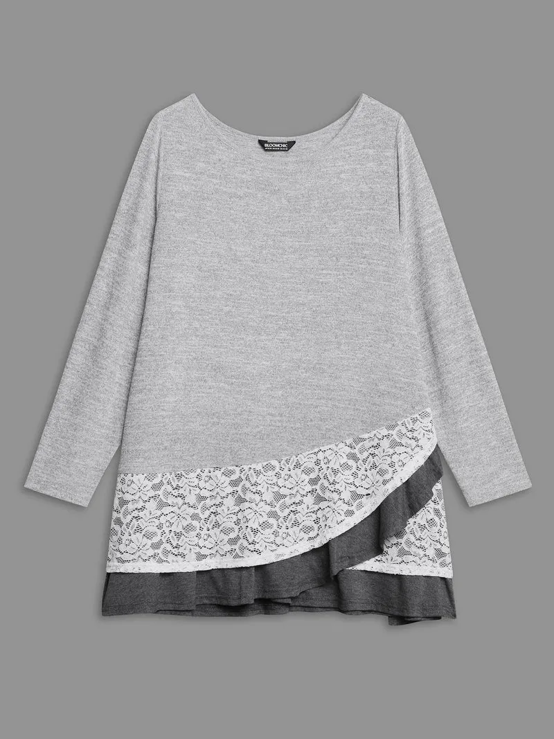 Lace Overlap Hem Round Neck T-Shirt