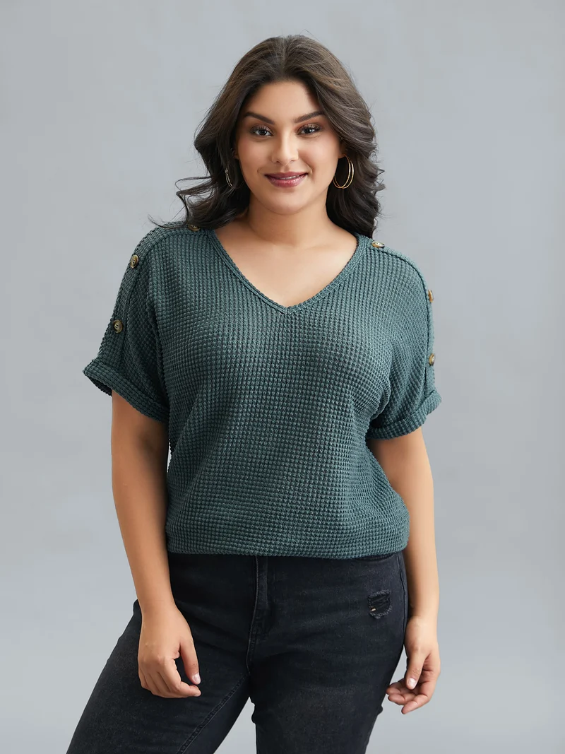 Stretchy Buttons Fitted Waffle Knit T-Shirt