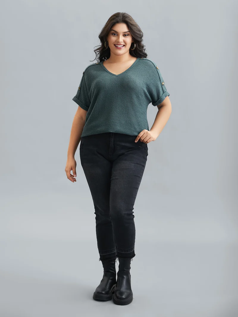 Stretchy Buttons Fitted Waffle Knit T-Shirt